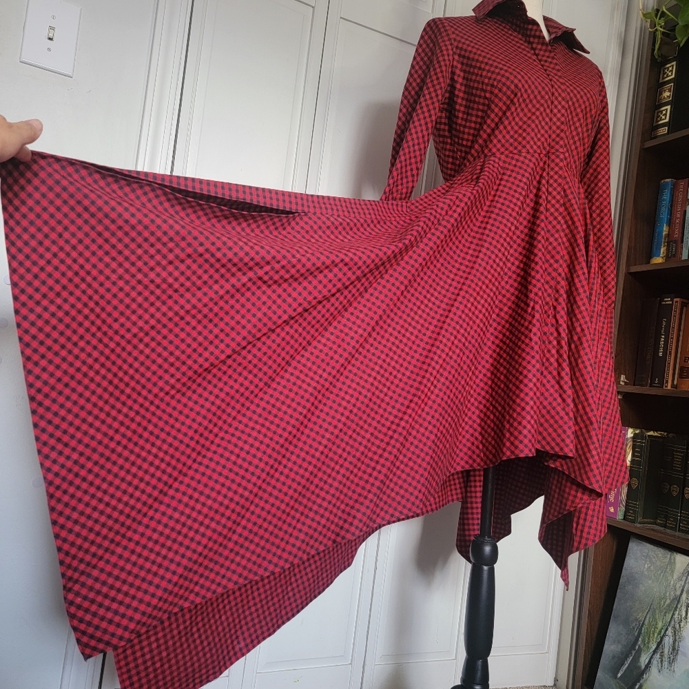 Petersyn Sutton Tartan Red Plaid Cotton Asymmetric A-line Midi Dress Size Small - Picture 2 of 15